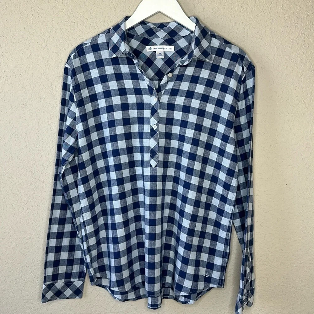 Southern Tide Blue White Gingham Linen‎ Blend Popover Shirt Size M